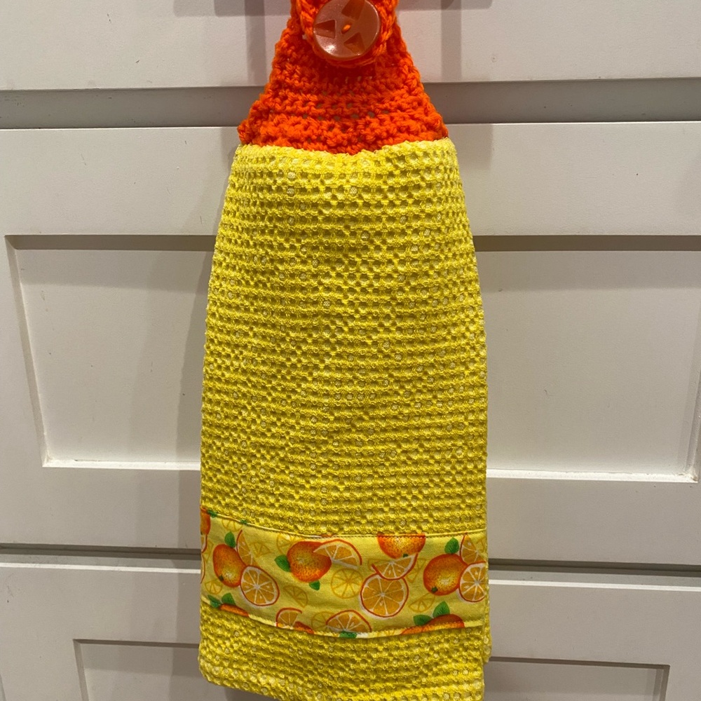 Handmade Crochet Orange Top Yellow Hanging Kitchen Towel Oranges Fabric Panel